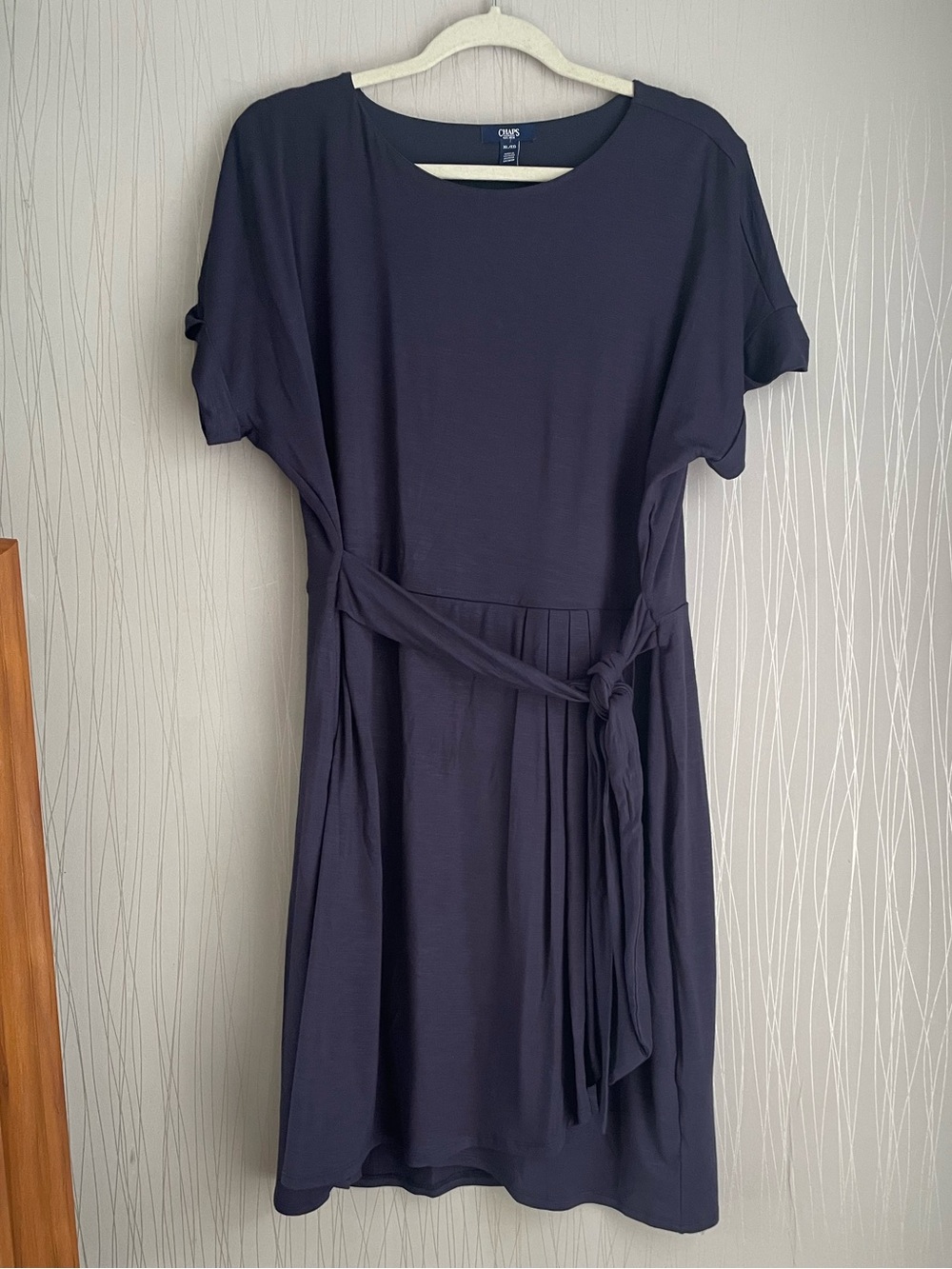 Chaps Women’s XL Navy Blue Tie Waist Dress Short Sleeve Career Casual Stretch - Picture 2 of 7